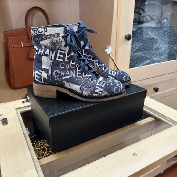 Chanel Shoes - Chanel Distress look Interlocking CC Logo Combat Boots Women's Size 38